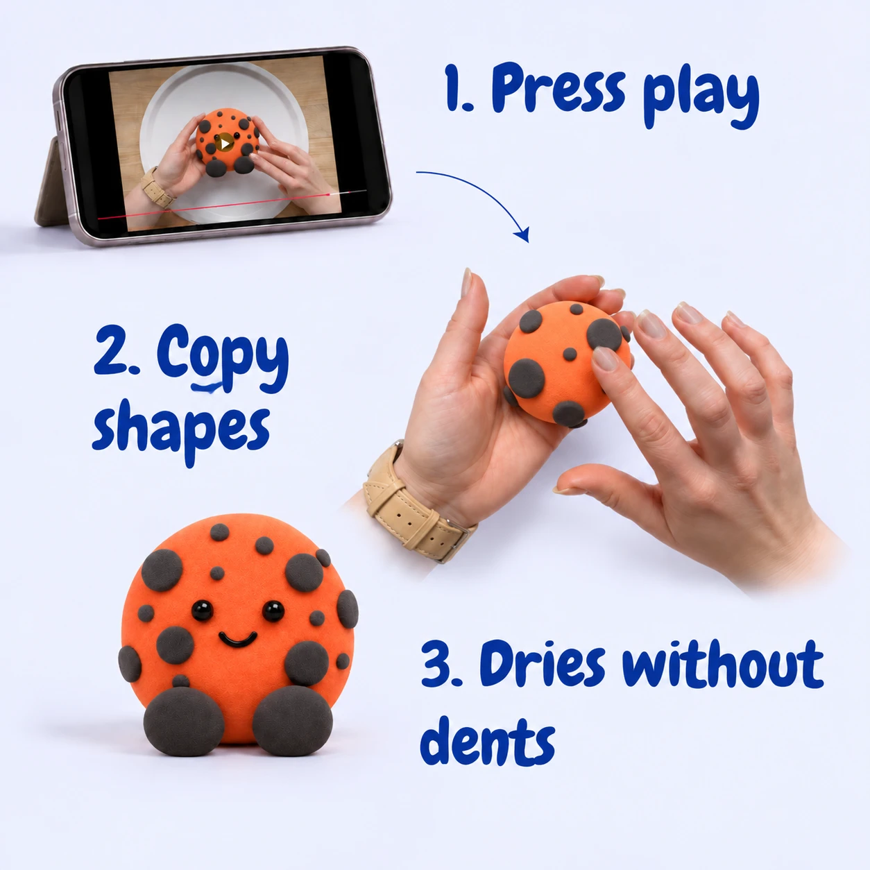 Three steps to make the smiling cookie: press play, copy shapes, and dries without dents.