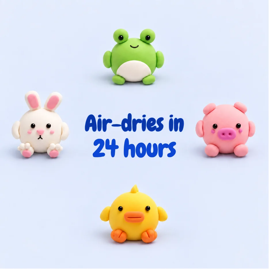 Frog, bunny, pig and chick clay characters with the words Air-dries in 24 hours.
