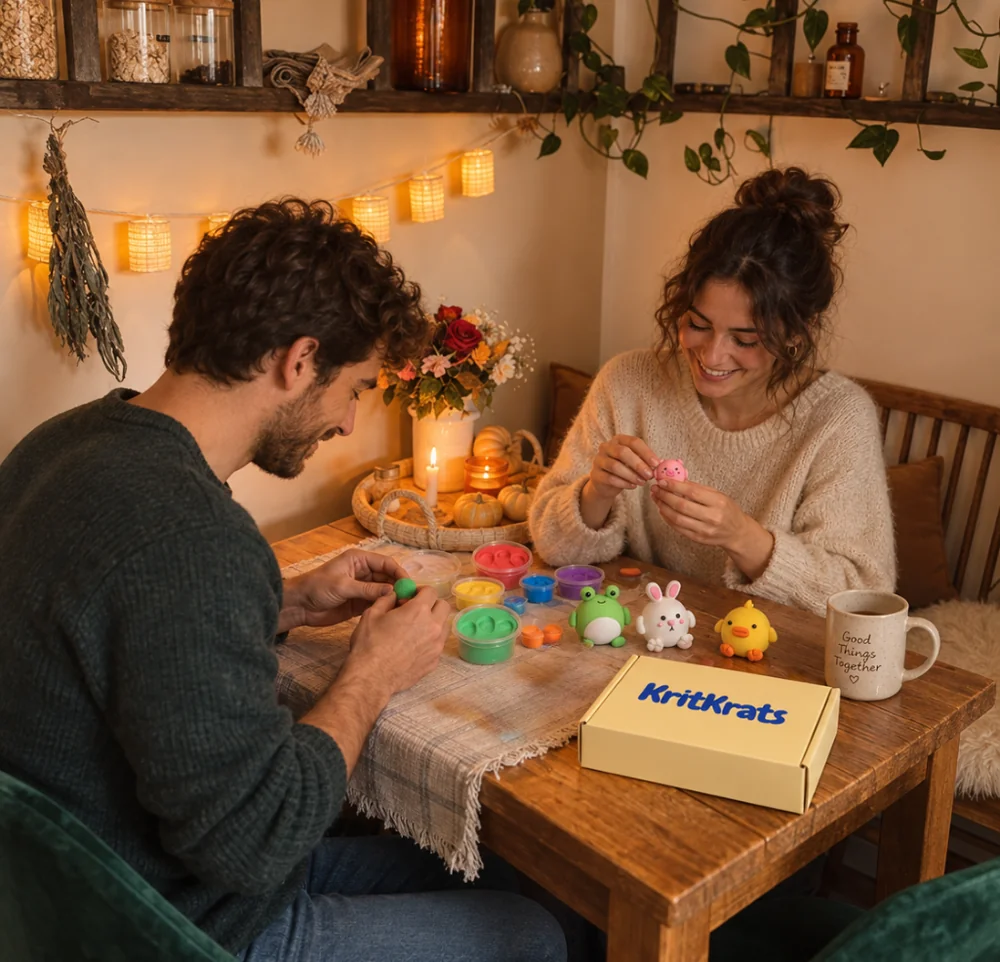 A couple making colourful clay characters together at a table.