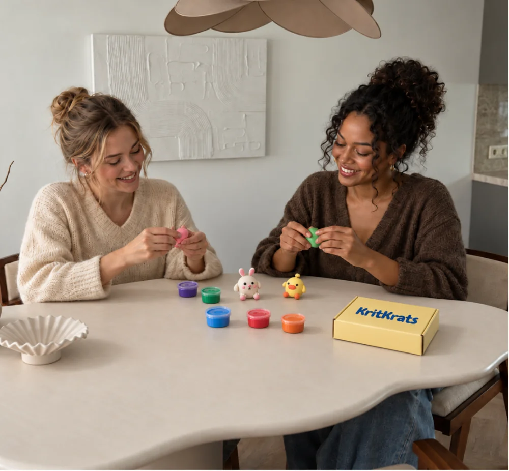 Two friends making colourful clay characters together at a table.