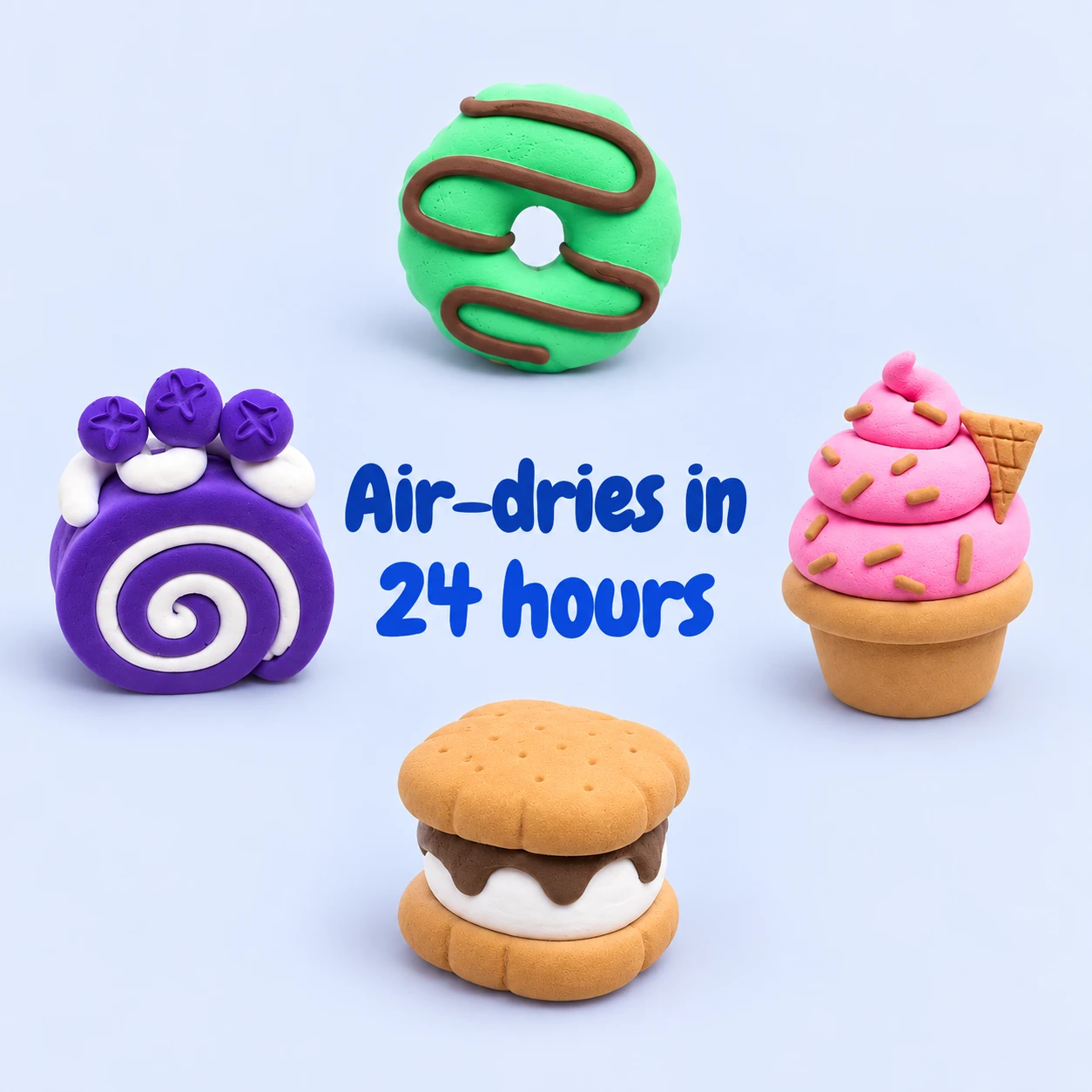 Mini Clay Desserts clay creations with the words Air-dries in 24 hours.