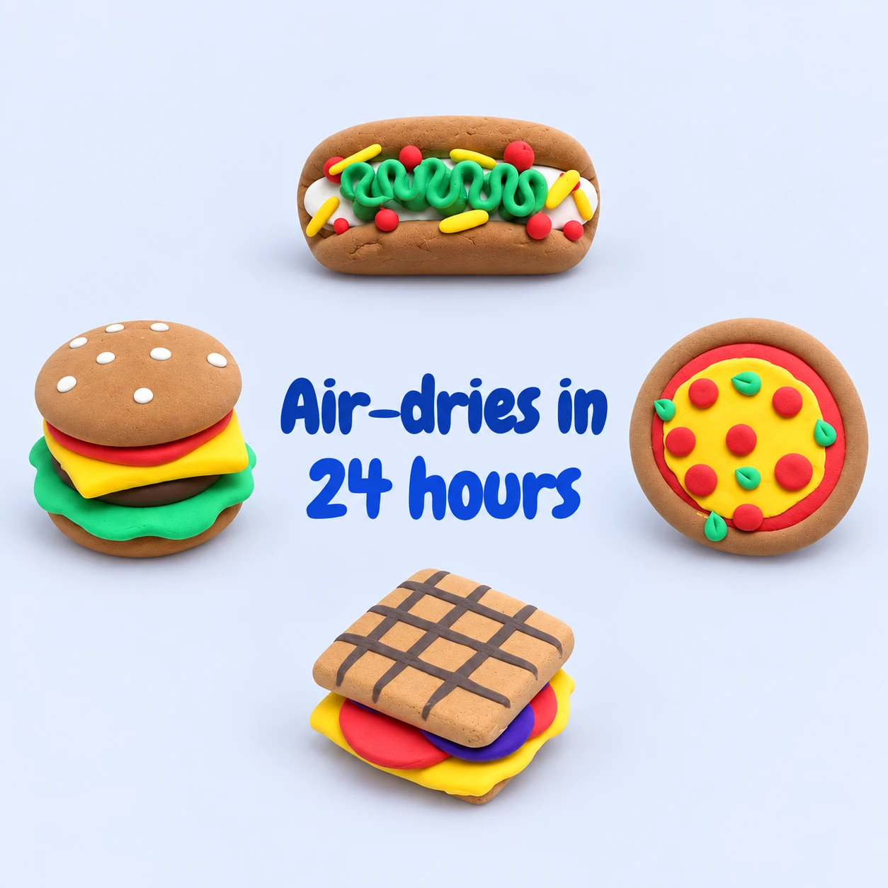 Mini Clay Foods clay creations with the words Air-dries in 24 hours.