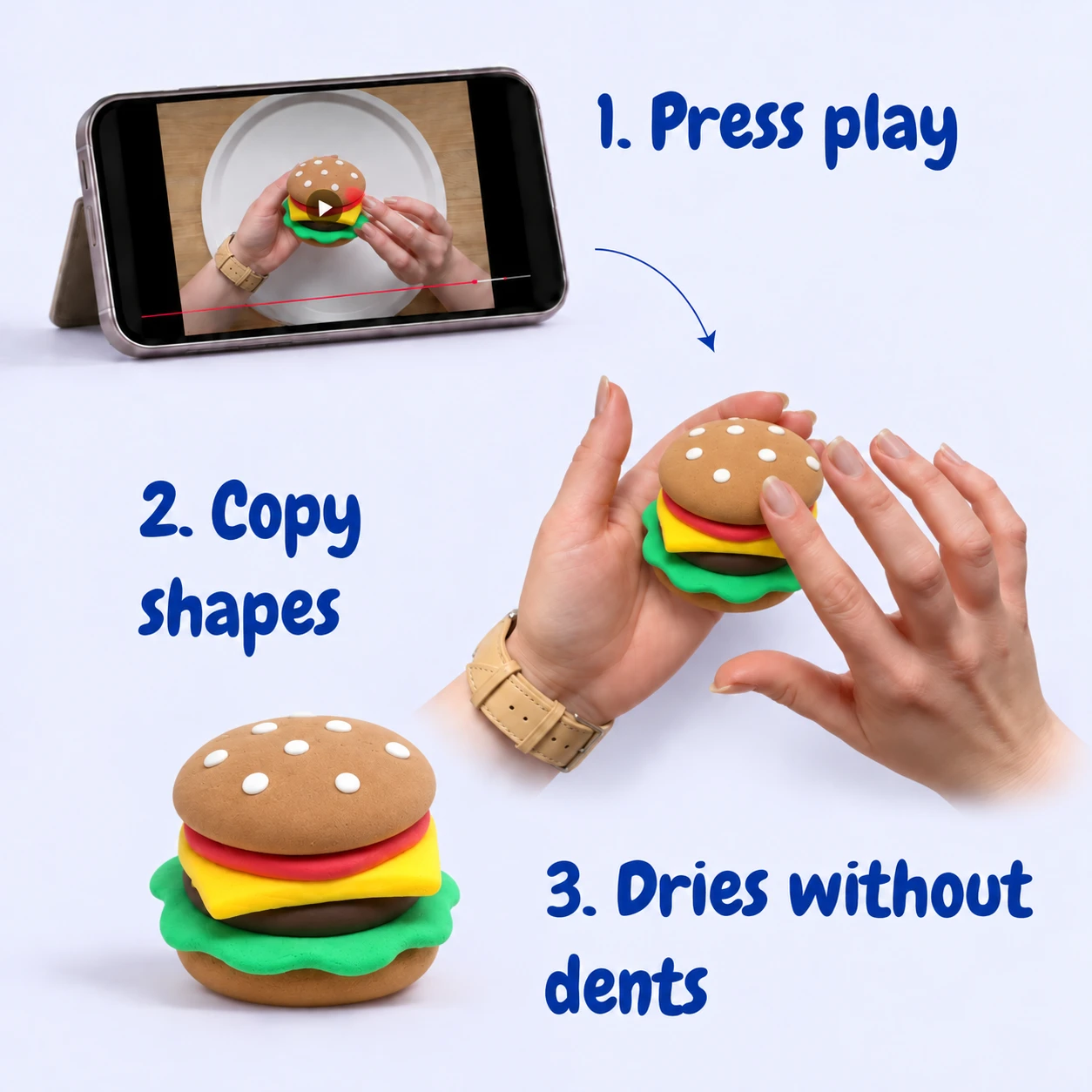 Three steps to make the burger: press play, copy shapes, and dries without dents.