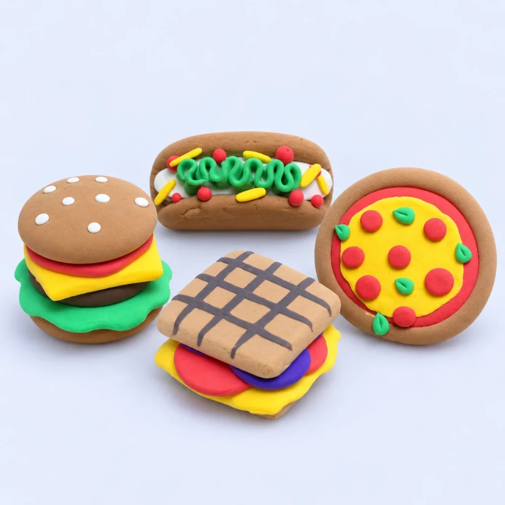 Miniature clay food creations made with the KritKrats Mini Clay Foods kit, including a burger, sandwich and pizza.